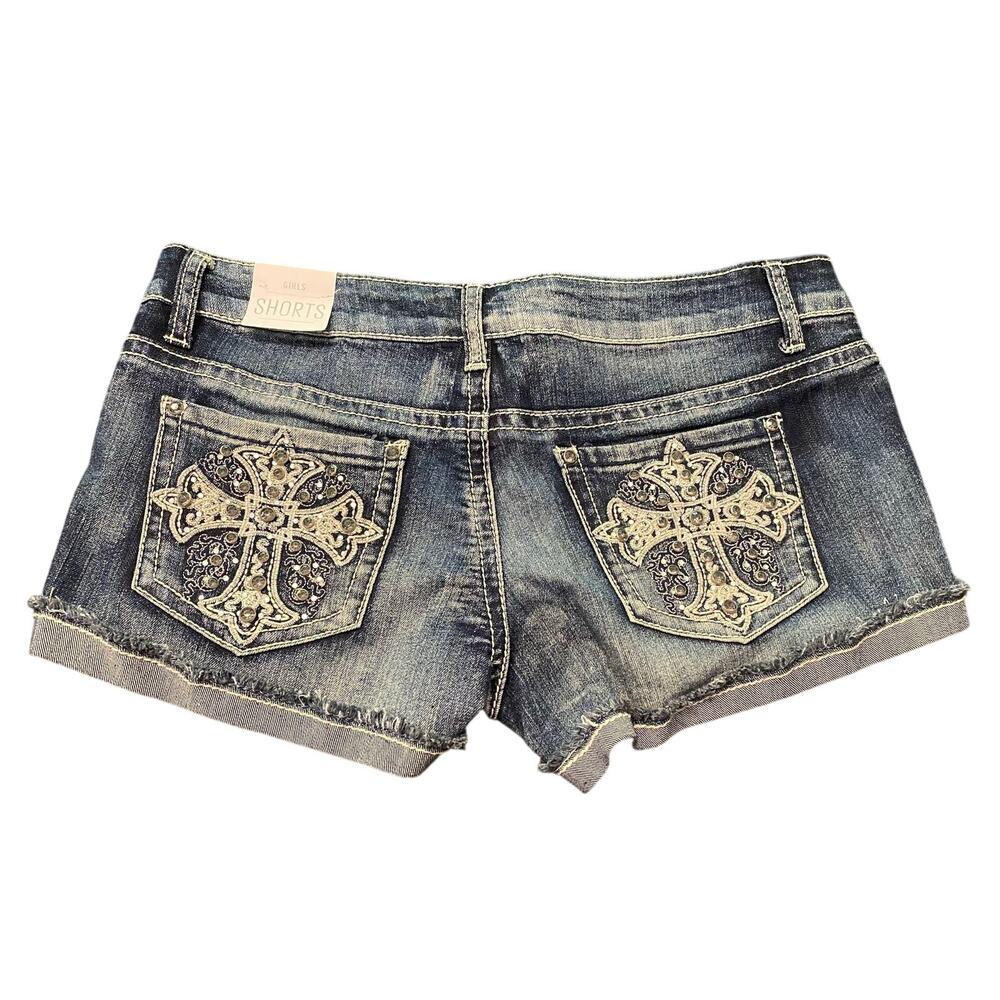 NWT rue21 Juniors 11/12 Rhinestone Cross Denim Shorts Y2K Western Cowgirl Bling